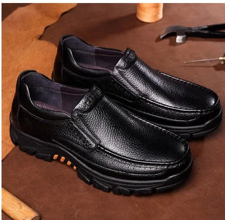 Men's black and brown cowhide leather slip-on business casual shoes with rubber soles