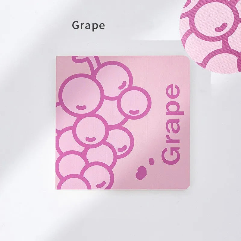Square fruit-themed notebook with colour embossed cover, shown with 80g thickened paper pages.