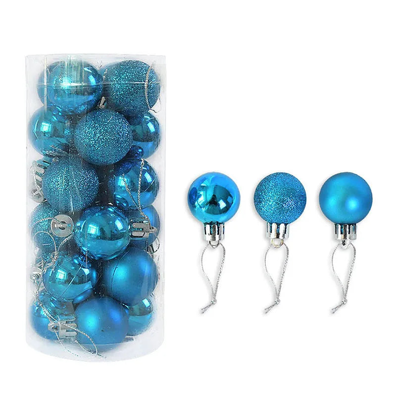 Small 3cm diameter shiny matte plastic Christmas bauble in assorted colours including gold, red, silver, and blue.