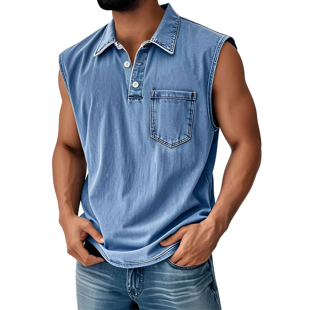 Man wearing a short-sleeved 3D digitally printed button polo shirt in a loose fit.