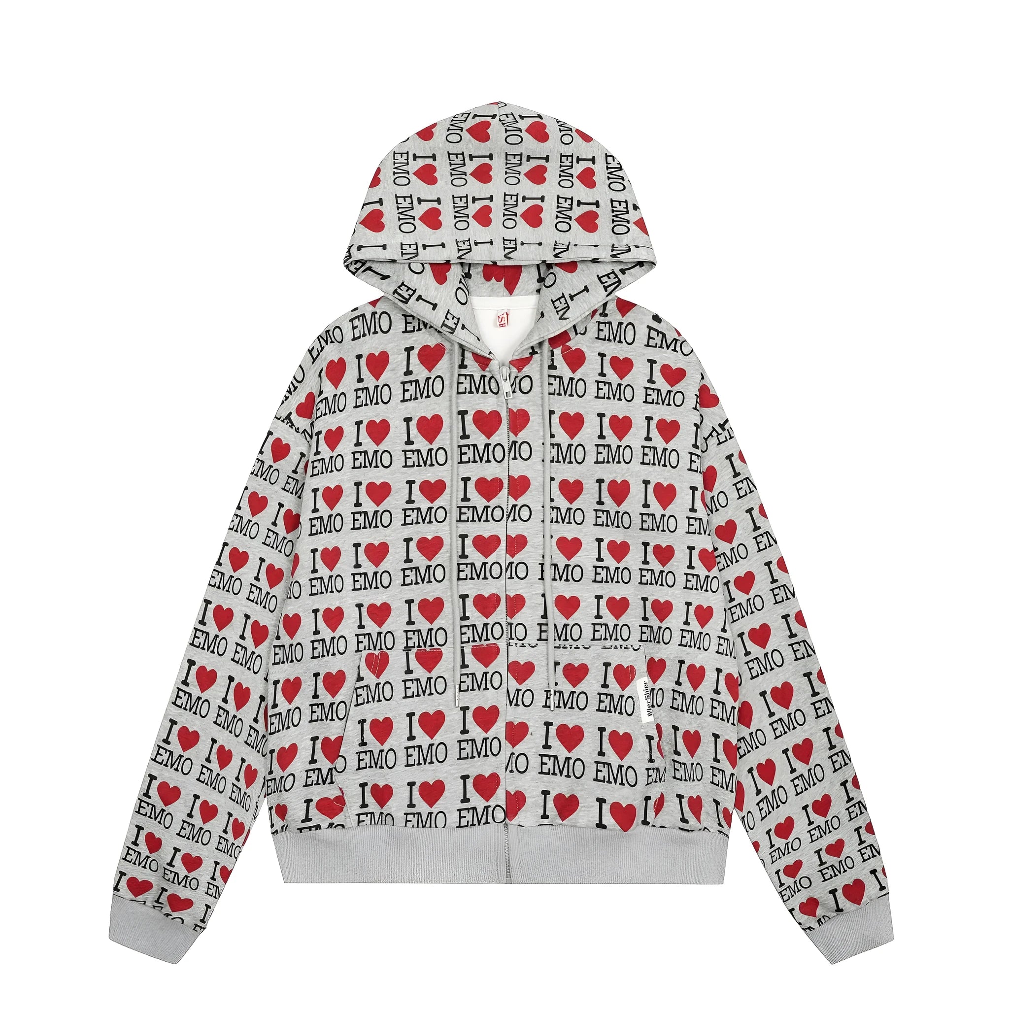 Women's melange grey hooded cardigan with retro pattern, long sleeves, cotton fabric