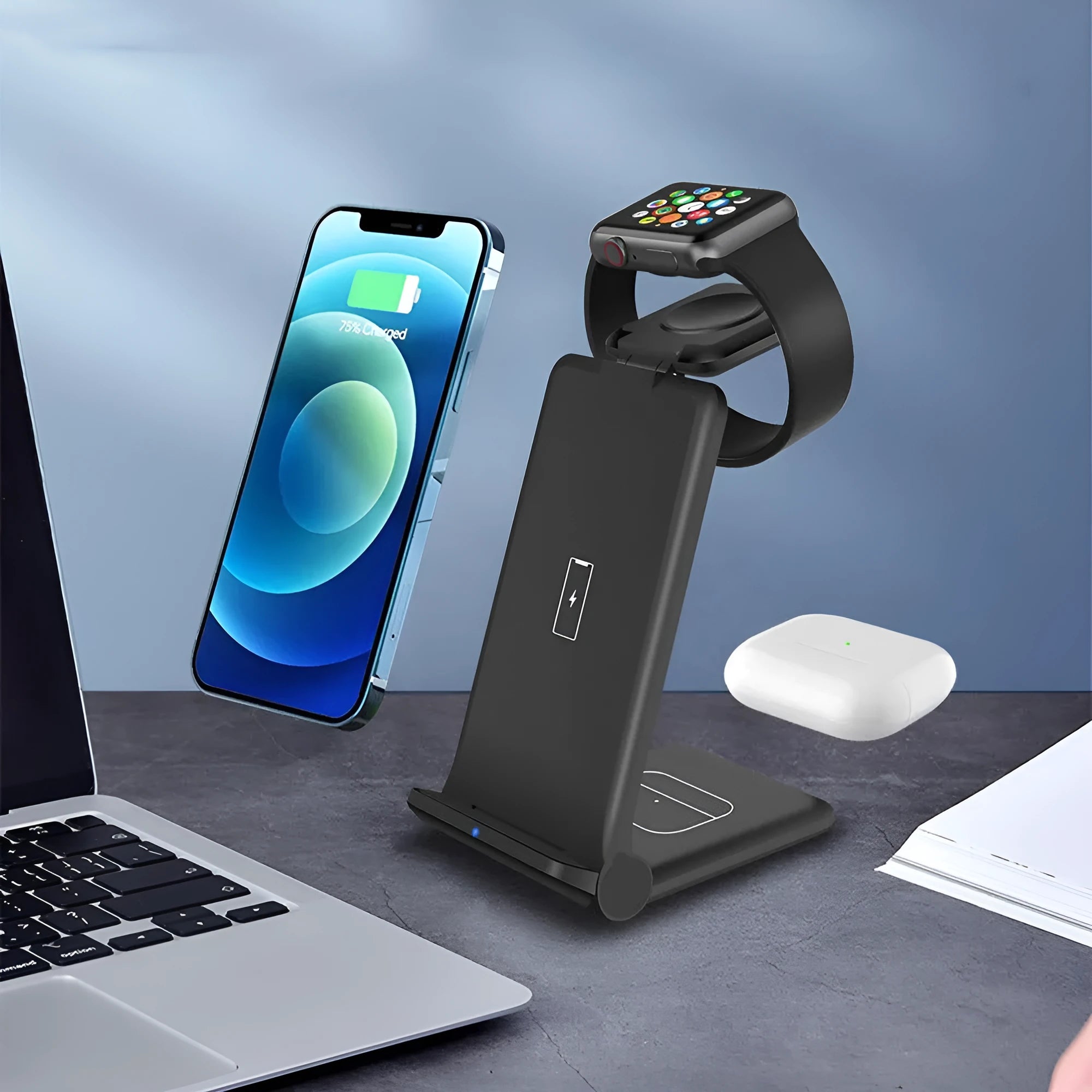 Black or white foldable 3-in-1 wireless charging station for phone, Apple Watch and AirPods