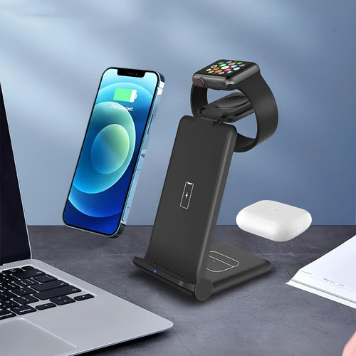 Black or white foldable 3-in-1 wireless charging station for phone, Apple Watch and AirPods