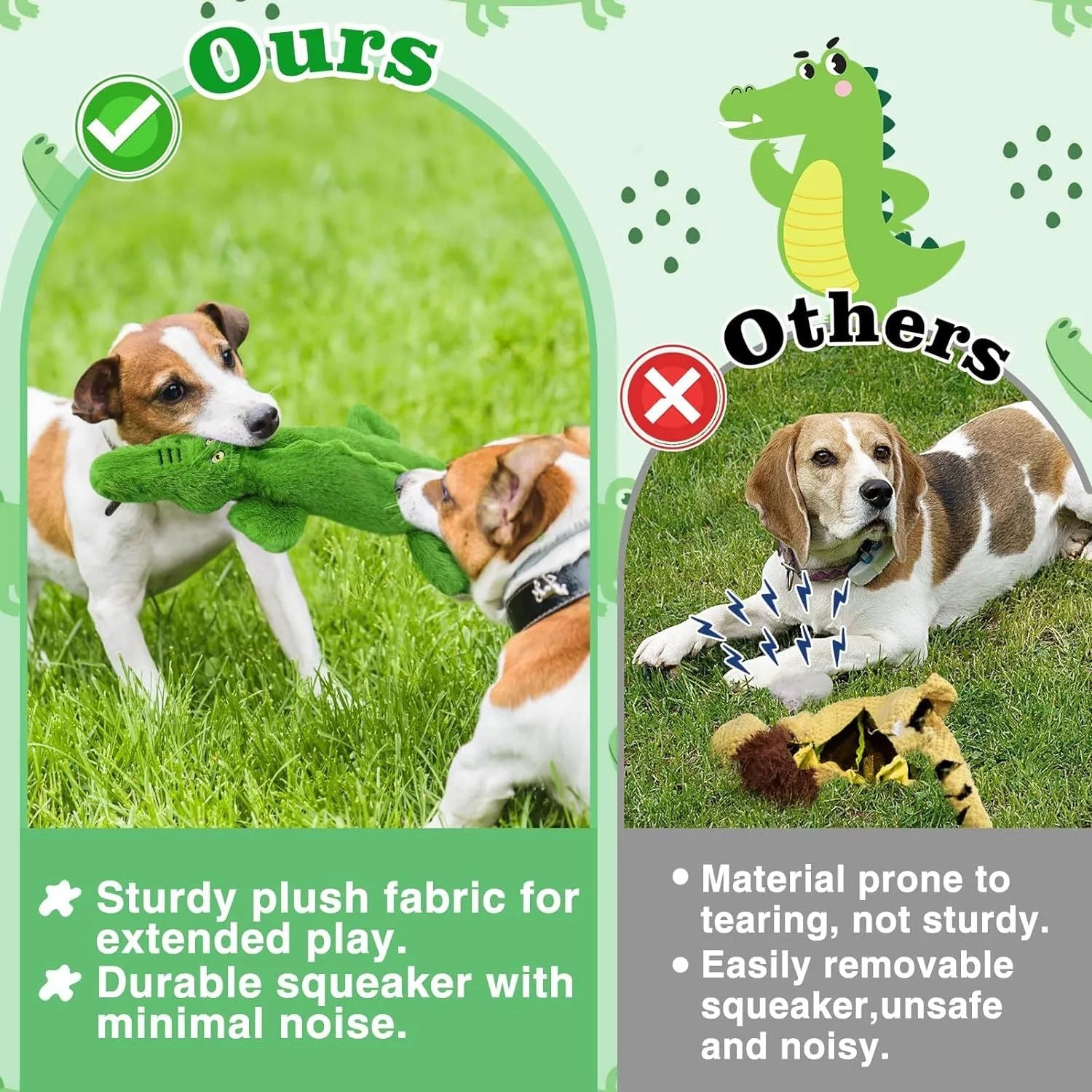Green crocodile squeaky dog toy with no stuffing for aggressive chewers