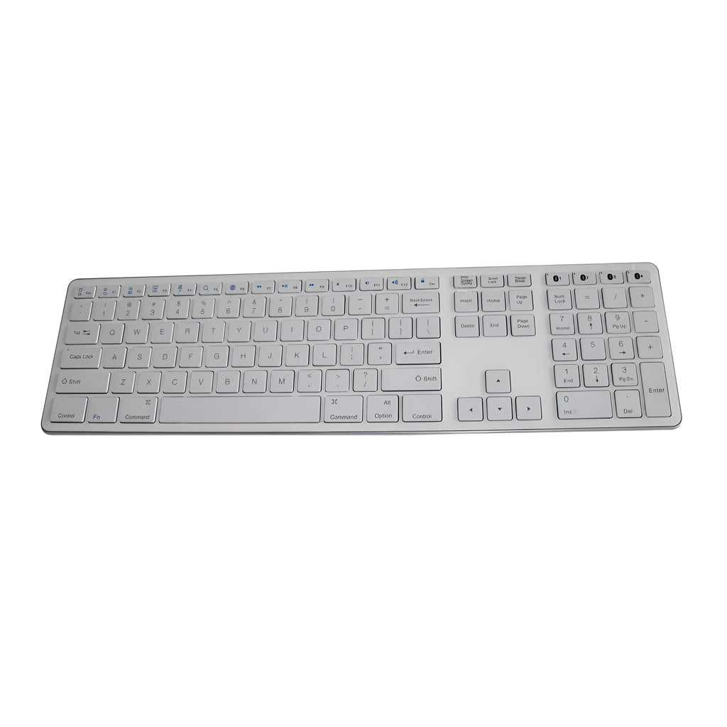 White 109-key wireless Bluetooth keyboard with three-key zone on desk