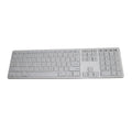 White 109-key wireless Bluetooth keyboard with three-key zone on desk