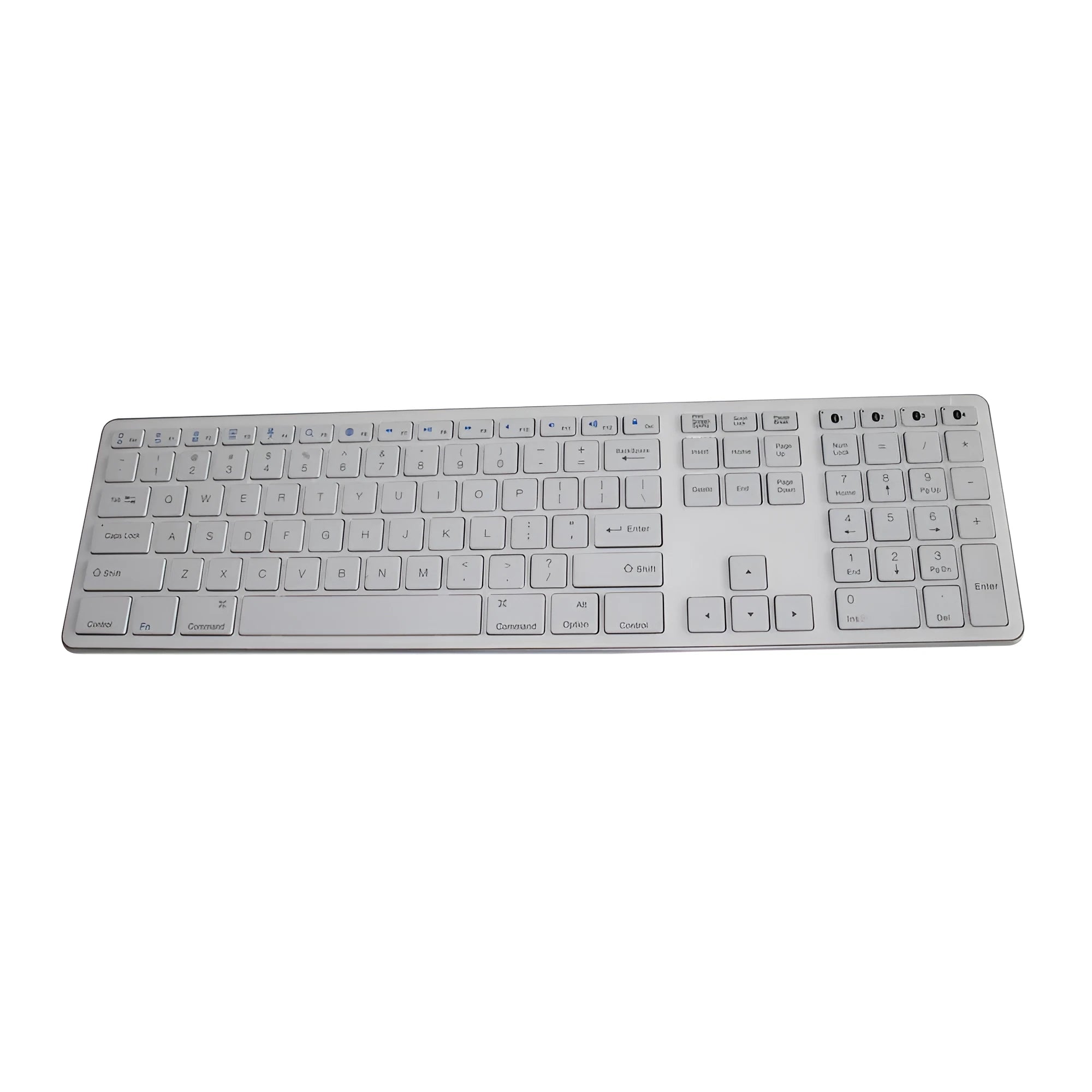 White 109-key wireless Bluetooth keyboard with three-key zone on desk