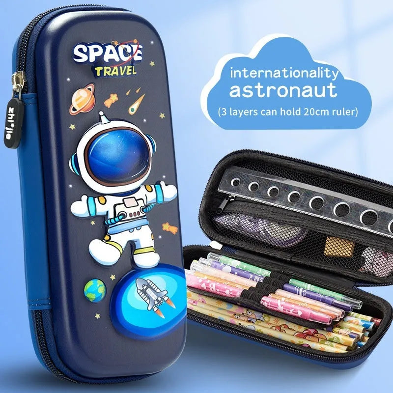 3D leather pencil case with zipper closure showing character design options including astronauts, unicorns, and mermaids
