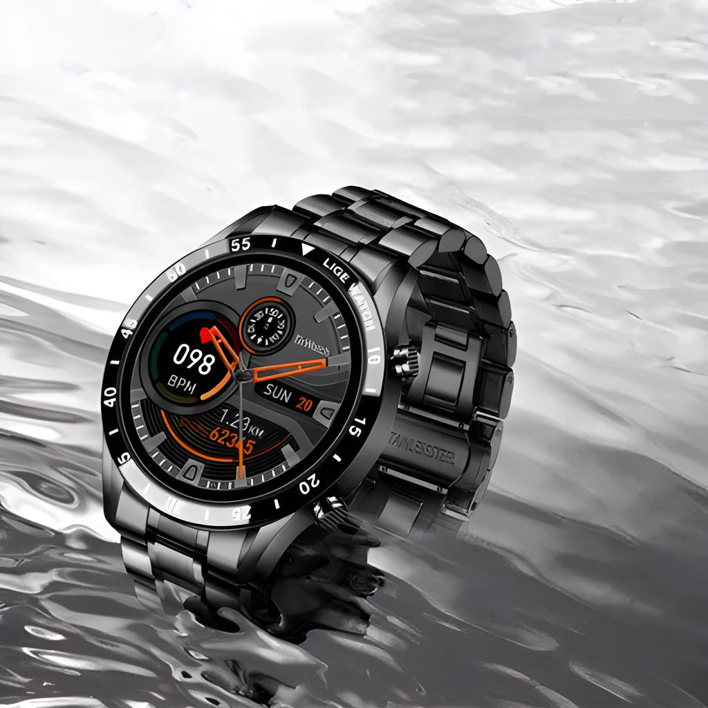 Smart watch with stainless steel band and 1.3 inch touch screen showing fitness tracking display