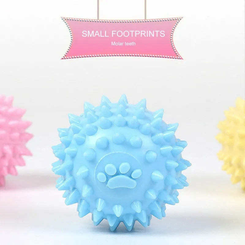 Blue TPR rubber dog toy ball with raised footprint texture for teeth cleaning, 6cm diameter.