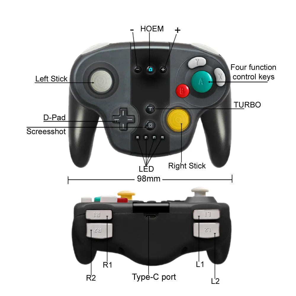 Black wireless gamepad for Nintendo Switch and PC with NFC, gyroscope, and rumble features.