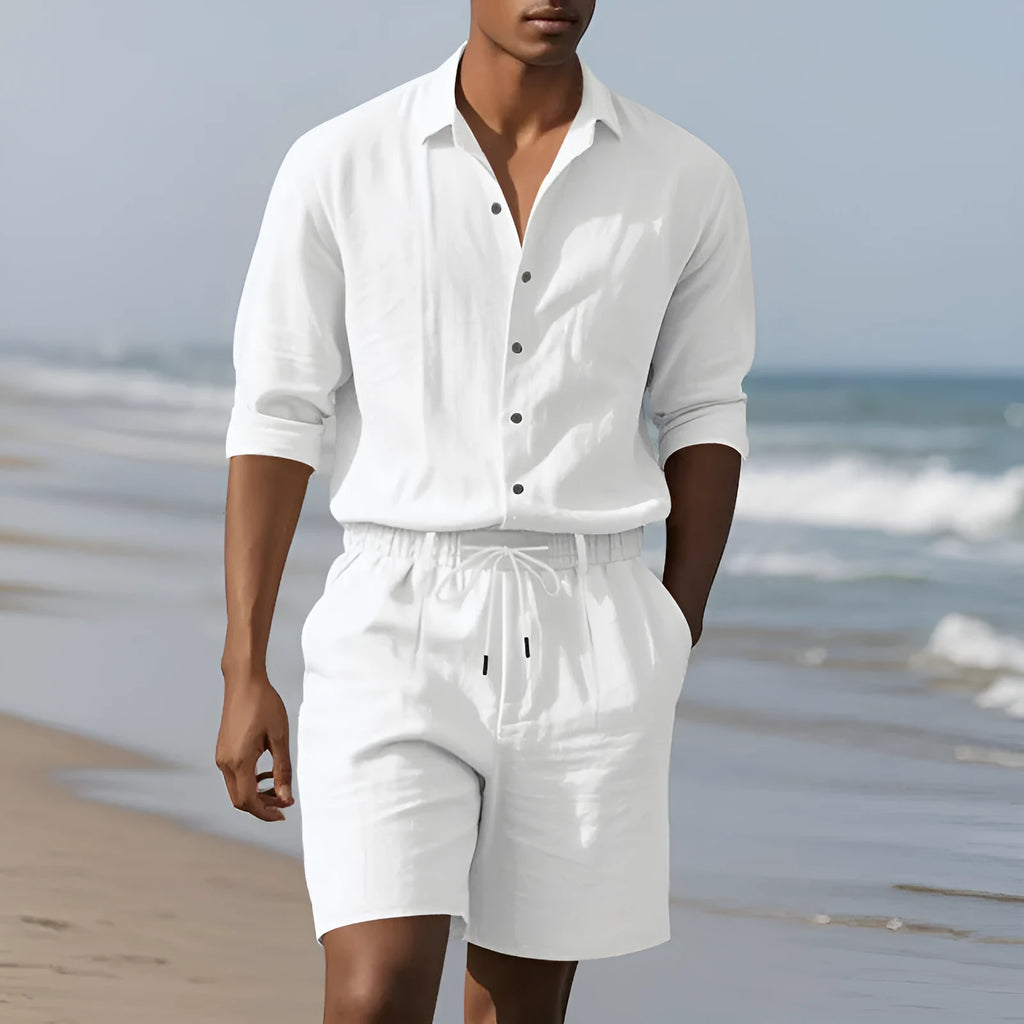 Men's linen blend long sleeve shirt and matching shorts set in light blue colour