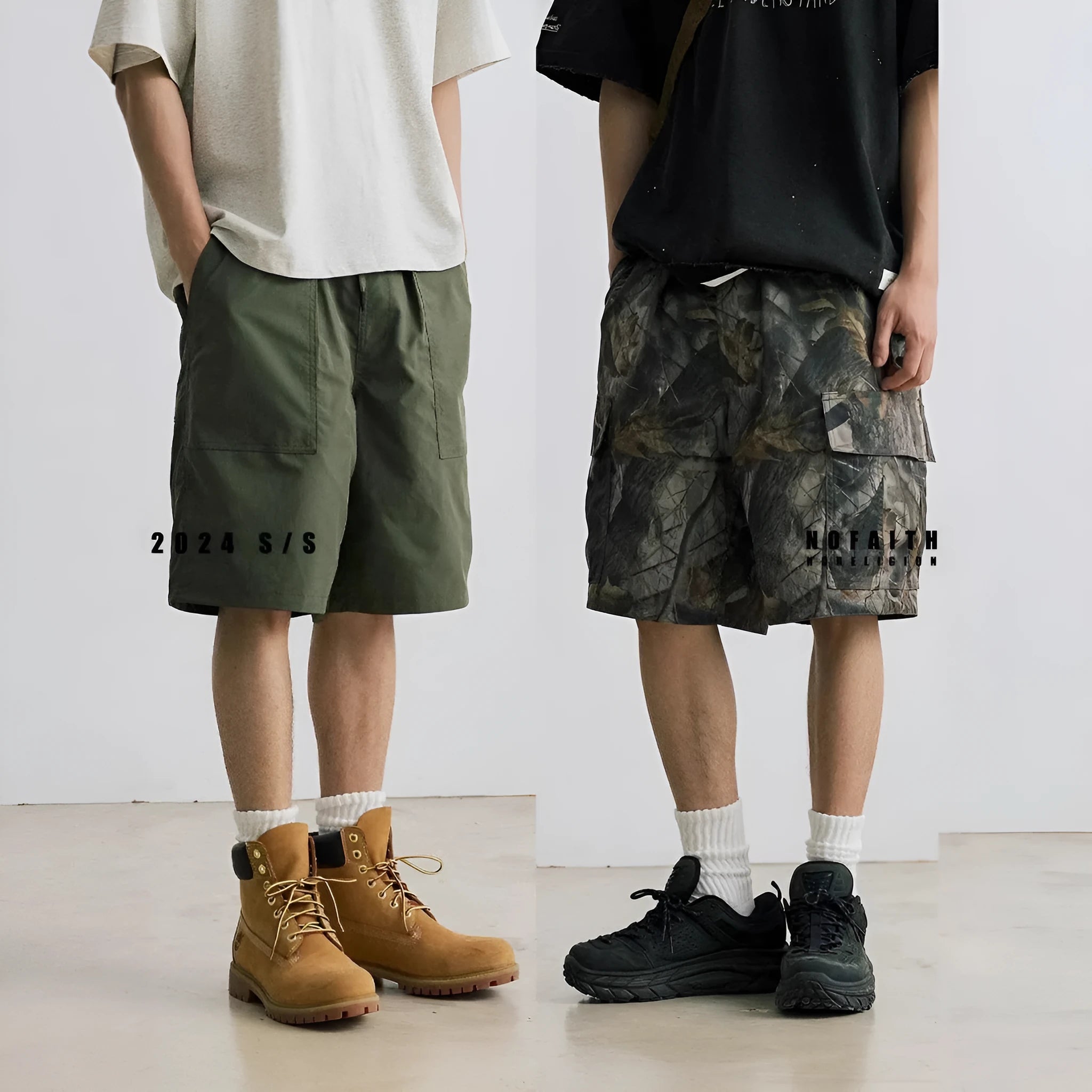 Loose casual straight-leg denim shorts in army green with zip placket closure
