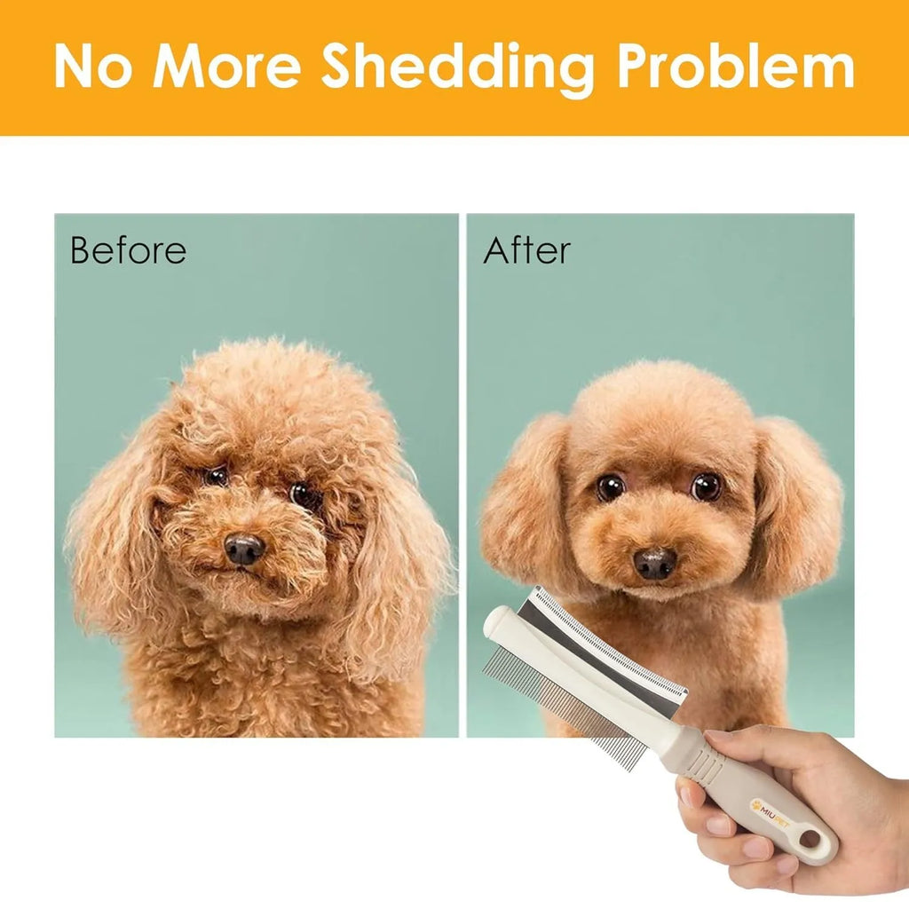 White double-sided pet grooming brush with comb and deshedding blade, featuring an ergonomic handle.