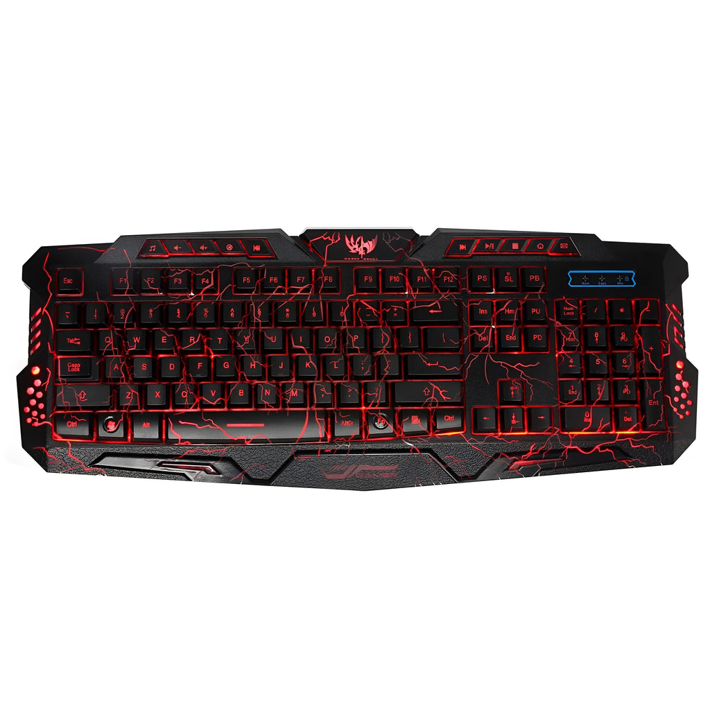 Black backlit gaming keyboard with crack design and three-colour adjustable backlight on a desk