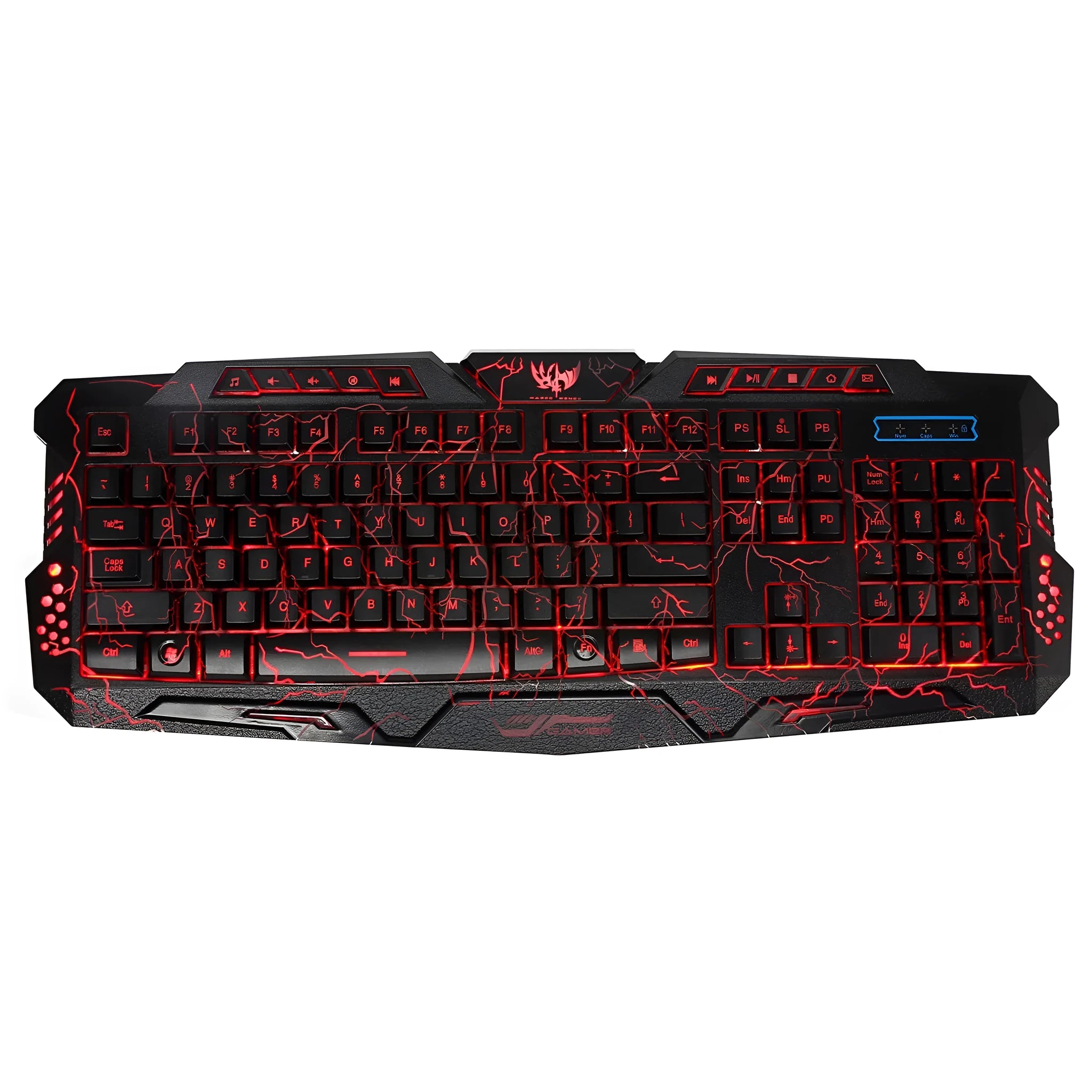 Black backlit gaming keyboard with crack design and three-colour adjustable backlight on a desk