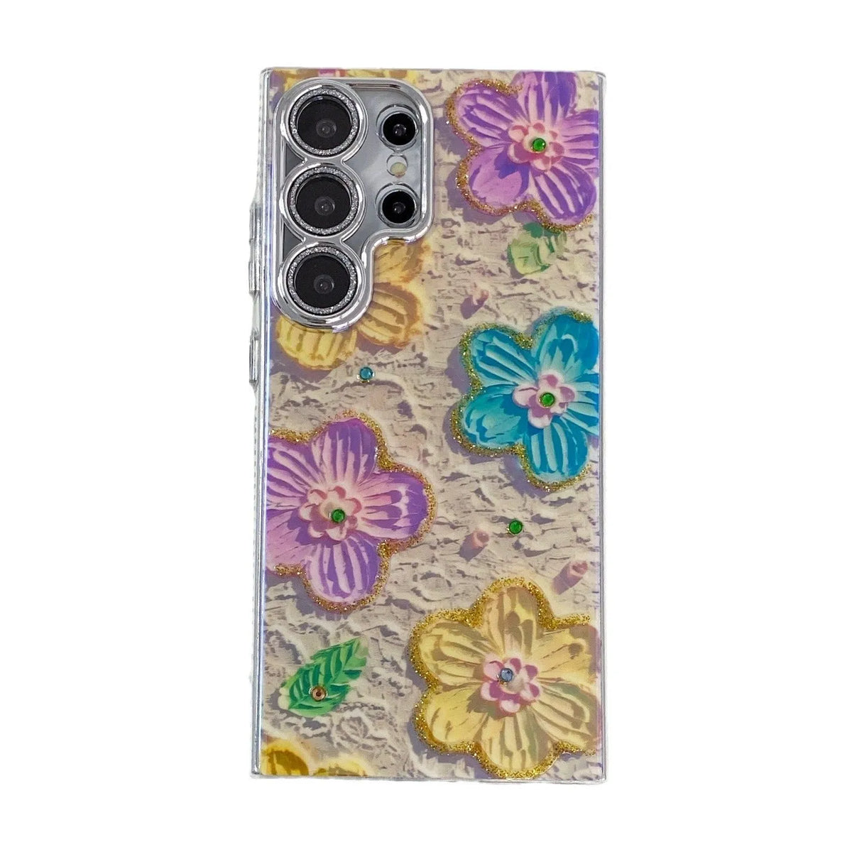 Rhinestone oil painting flower phone case for Samsung, TPU acrylic, electroplated, anti-fall, lens fine hole