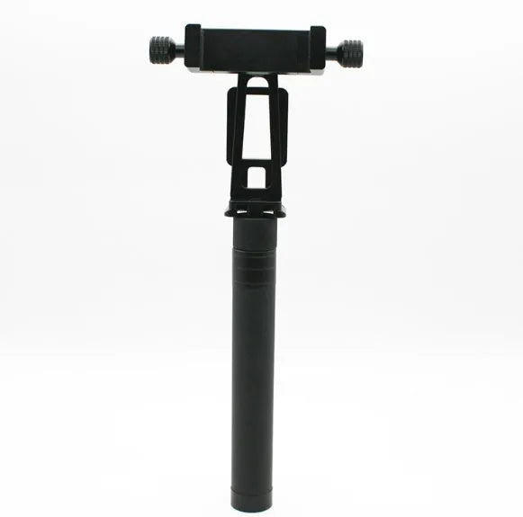 Black retractable selfie stick extended fully with phone attached, showing stabiliser grip.