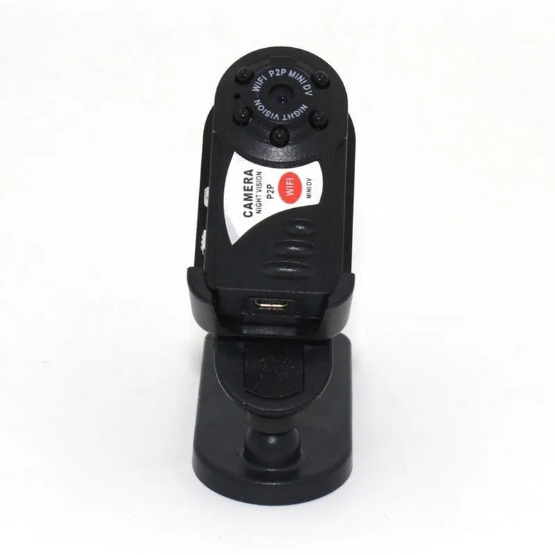 Black wireless network camera with lens, LCD screen, and Wifi for remote monitoring.