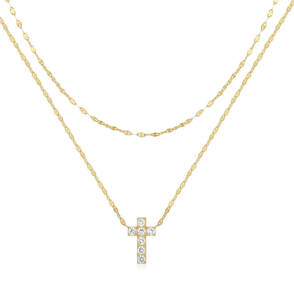 S925 sterling silver double layer twin diamond cross necklace on a clavicle chain.