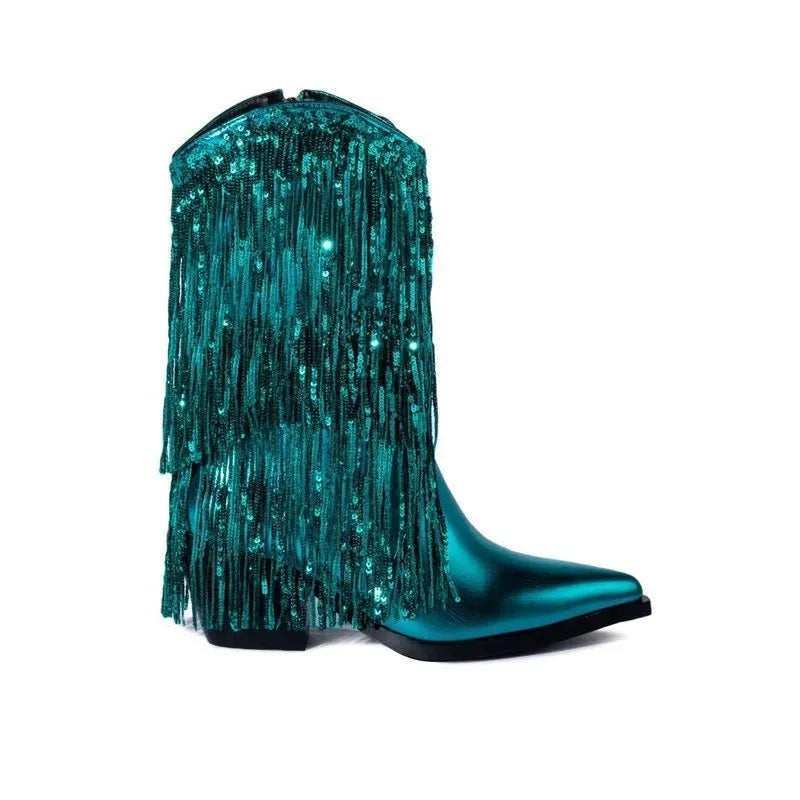 Women's black chunky high heel tassel boots with pointed toe on a white background.