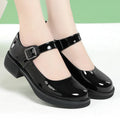 Black round toe leather pumps with buckle strap, mid-heel 3.5cm, cow split leather upper, rubber sole, women's shoes