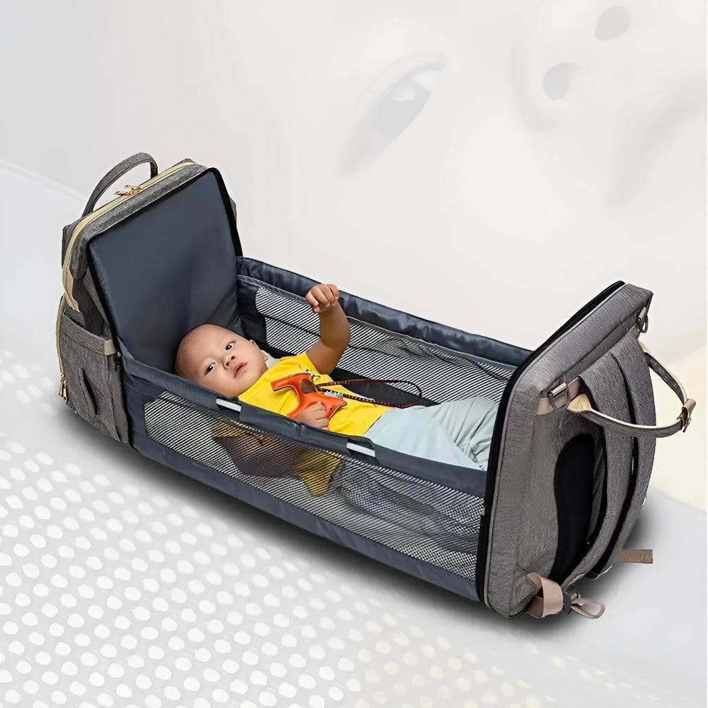 Folding baby bag bed backpack with portable mattress, USB charging option, front pocket, and multiple colour choices