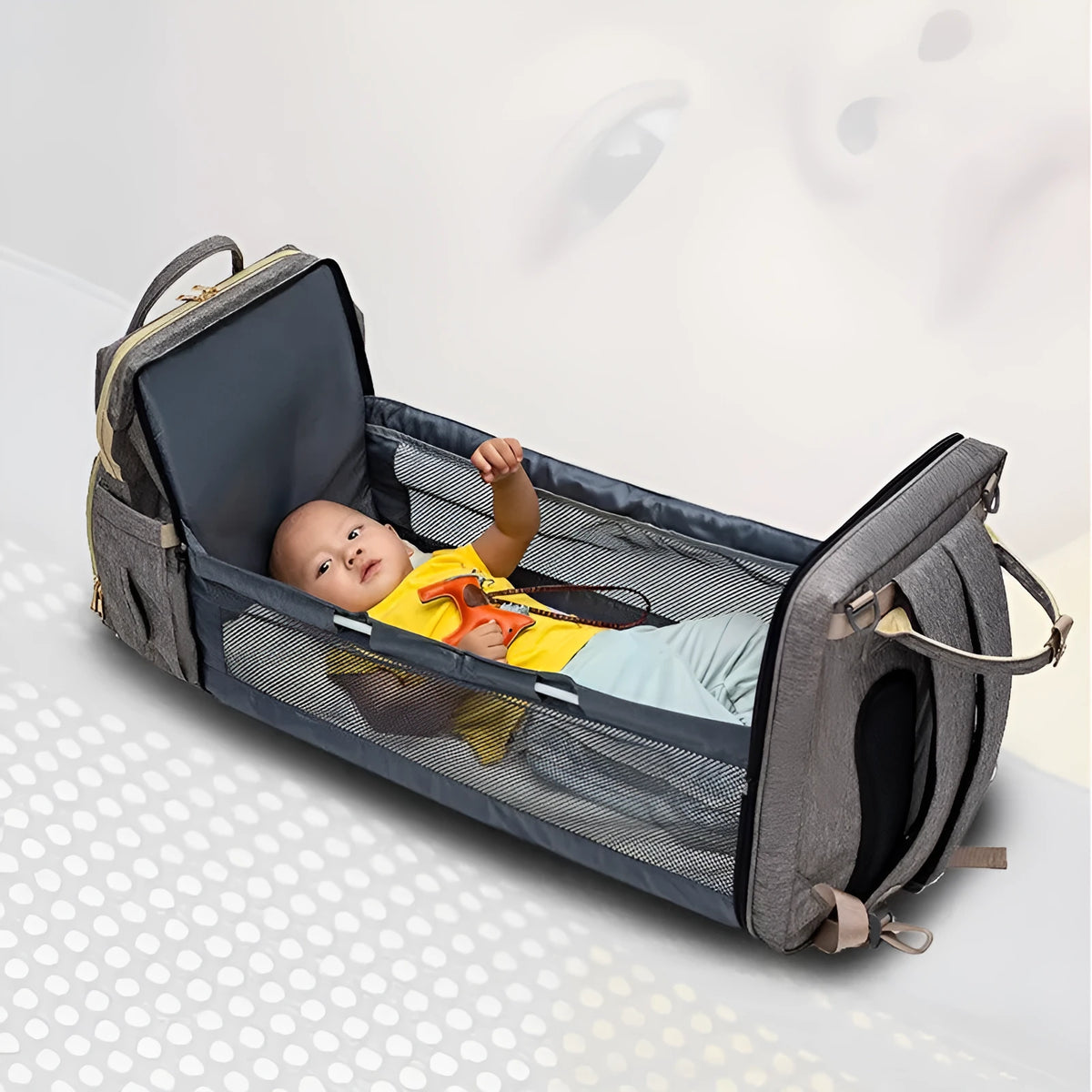 Folding baby bag bed backpack with portable mattress, USB charging option, front pocket, and multiple colour choices