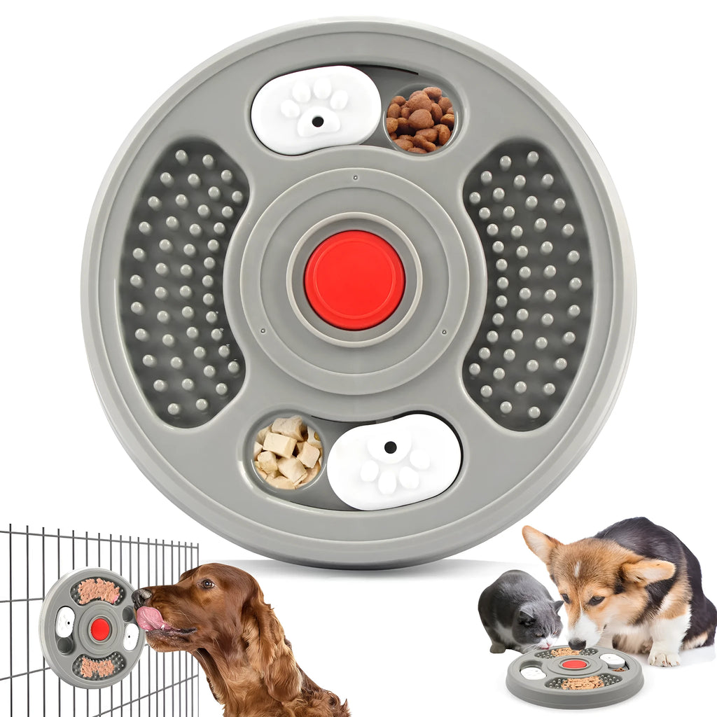 Grey and blue 23cm PP plastic slow feeder bowl with 2 in 1 lick mat surface and four anti slip pads for cats and dogs