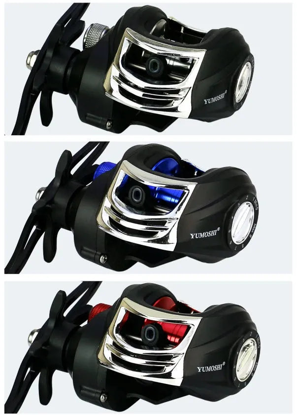YUMOSHI AK series black and blue baitcasting reel with full metal wire cup and magnetic brake dial