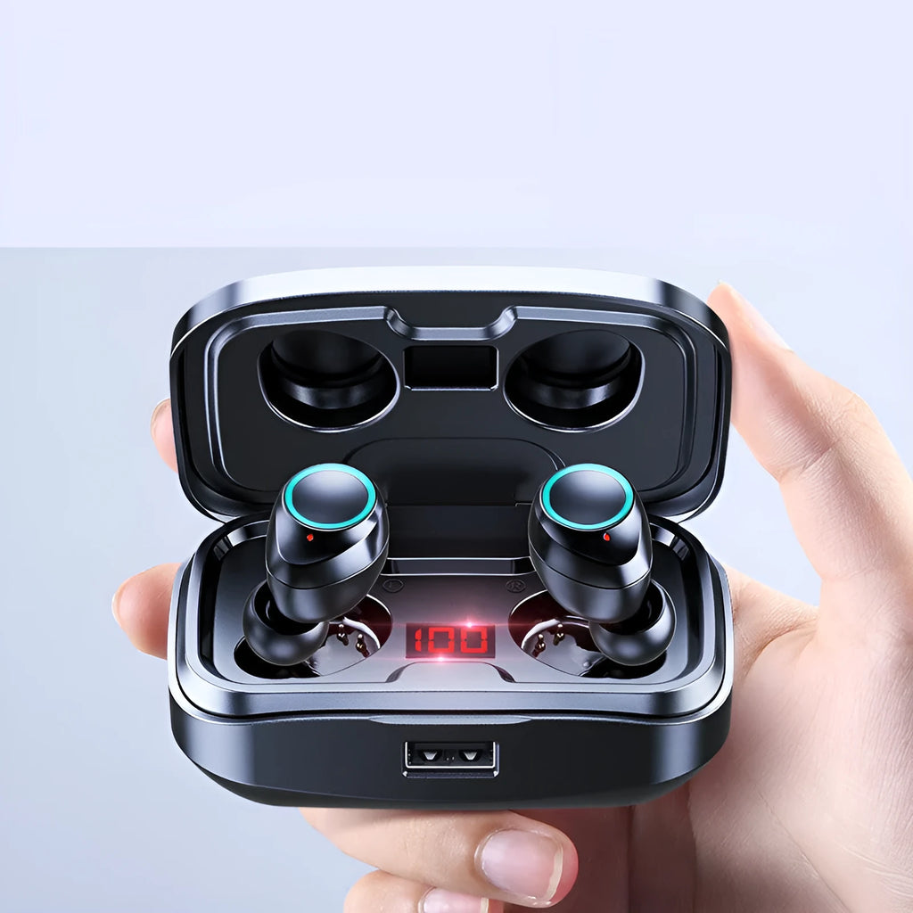 Black wireless Bluetooth in-ear earphones with private mould design showing earpieces and charging case.