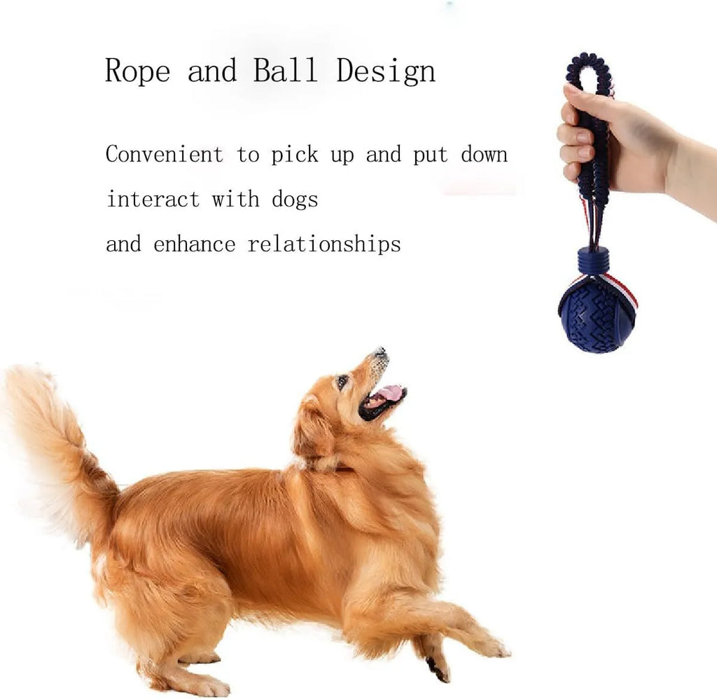 Blue natural rubber dog ball with rope handle for small breed dogs