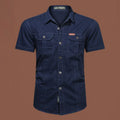 Men's loose cotton cardigan work shirt in short sleeve style with non-ironing treatment