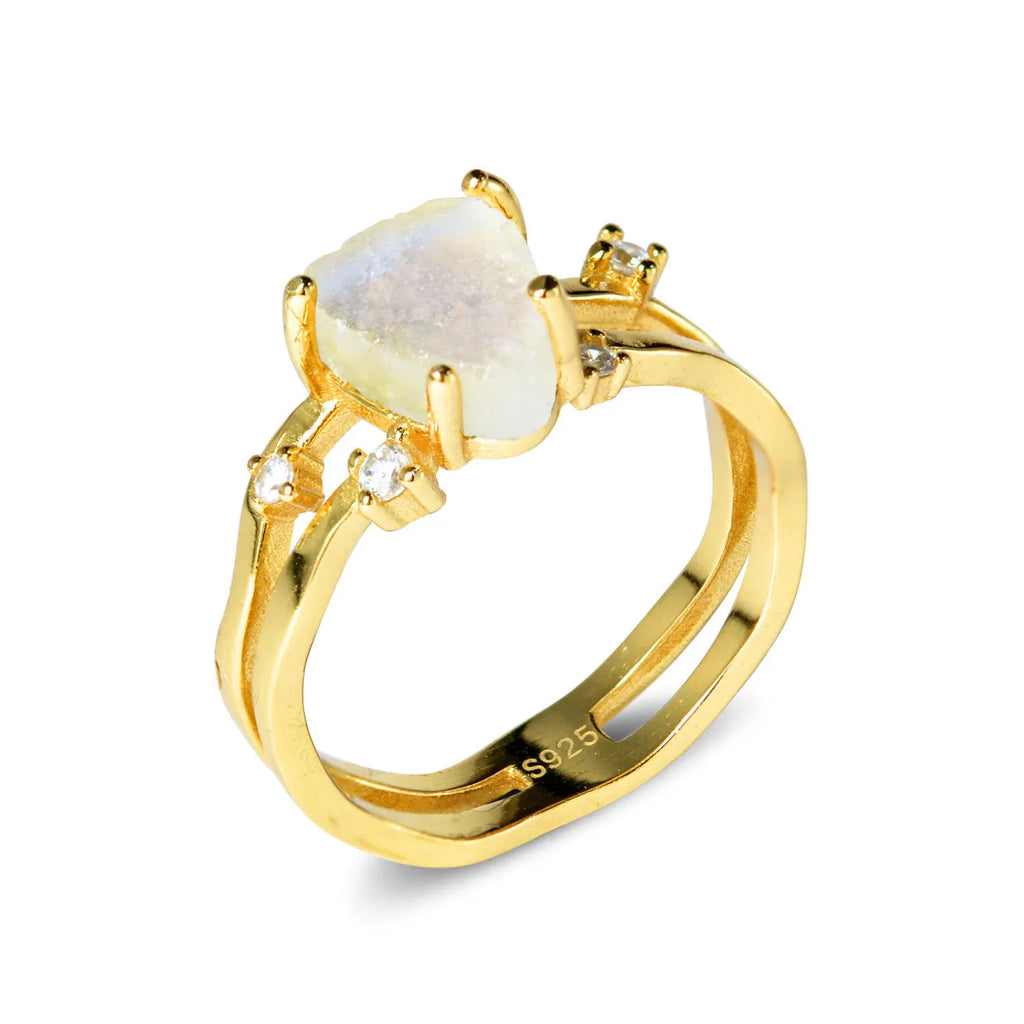 S925 sterling silver irregular triangle moonstone ring in geometric design with electroplated finish