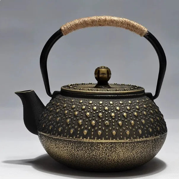 Japanese style cast iron teapot with 0.9 litre capacity shown in a bronze finish.