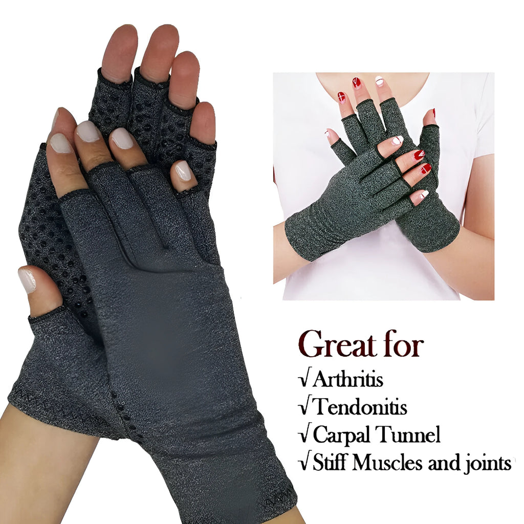 Grey half finger joint compression gloves with anti-slip texture on a flat surface.