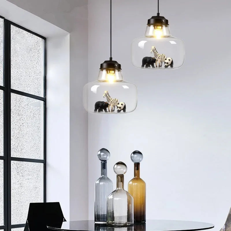 Animal cartoon glass chandelier in Nordic style with iron droplight base, available in Moon White and Charming Black