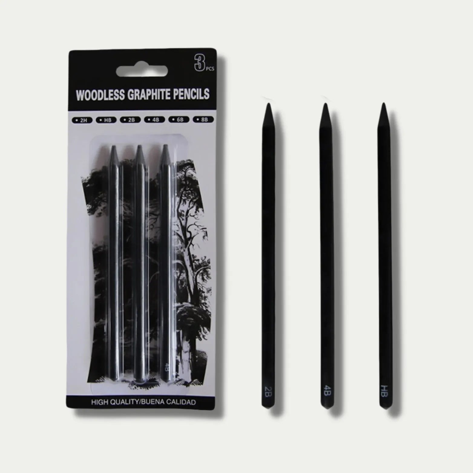 Set of six wood-free graphite sketching pencils in different grades for artistic drawing