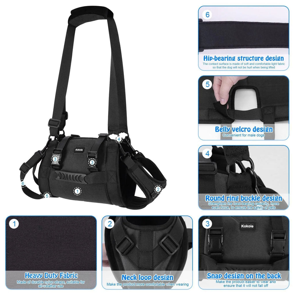 Black Oxford cloth dog harness with leg support design for rehabilitation and outdoor control