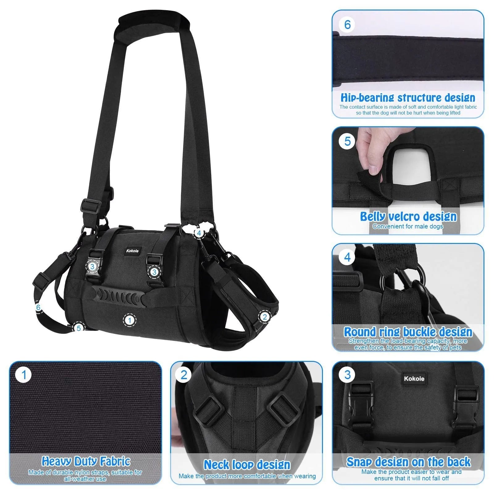 Black Oxford cloth dog harness with leg support design for rehabilitation and outdoor control