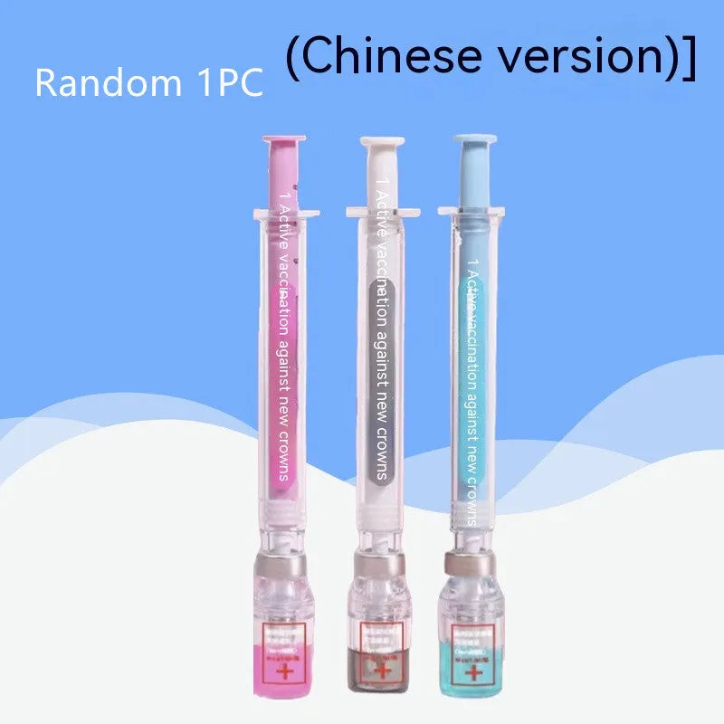 Black and clear plastic vaccine syringe design gel pen with 0.5mm tip on white background.