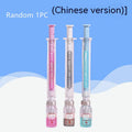 Black and clear plastic vaccine syringe design gel pen with 0.5mm tip on white background.