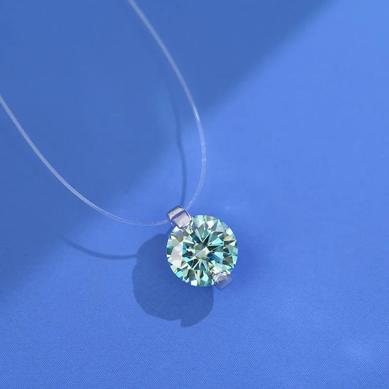 Women's silver necklace with floating moissanite plum blossom pendant on invisible fishing line chain
