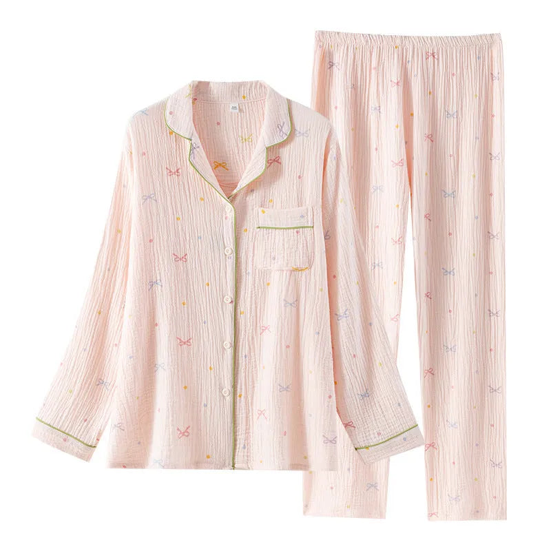 Women's pink cotton crepe pajama suit with long sleeves and matching trousers