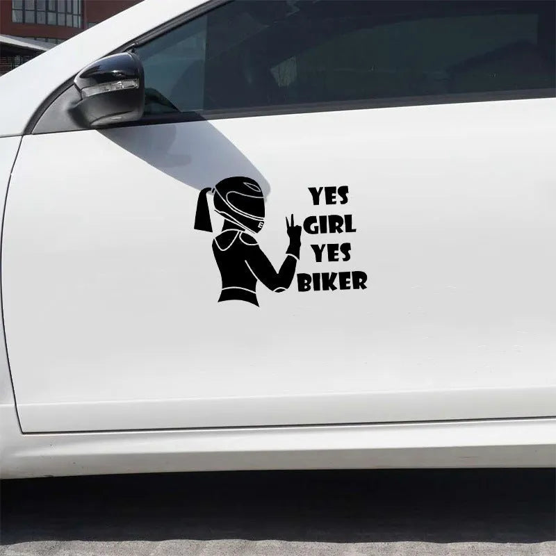 Cool Girl Rider character car sticker in black, white, or laser finish, measuring 16cm by 15cm.