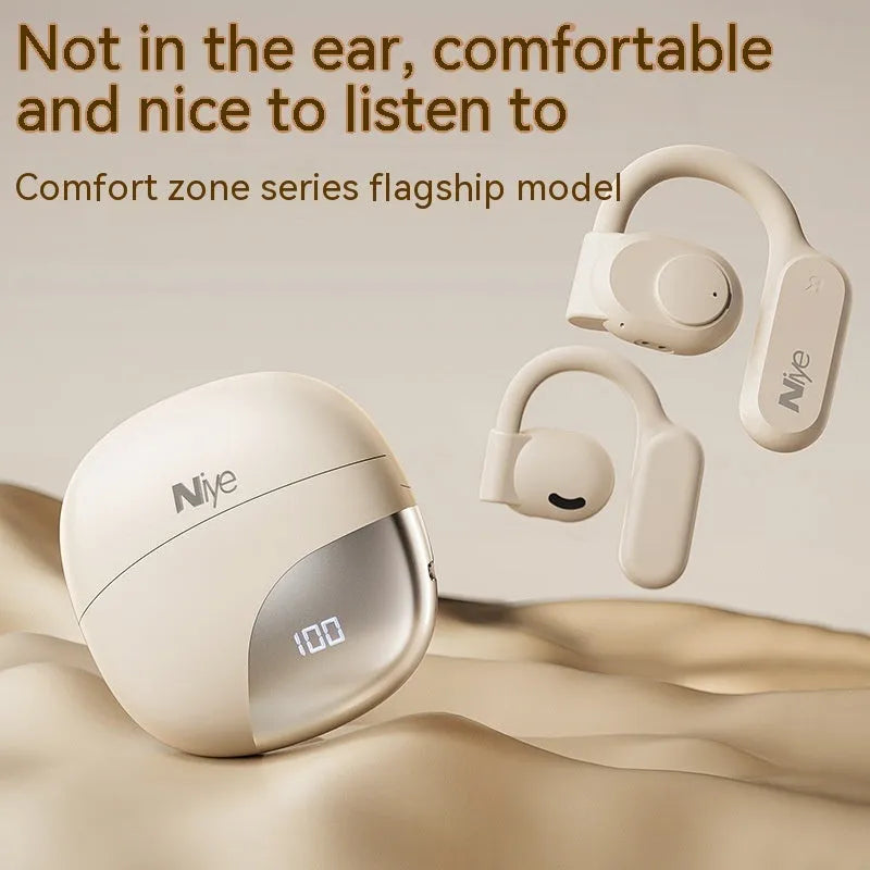 Bone conduction wireless ear clip headphones in black with ear hook design and digital display