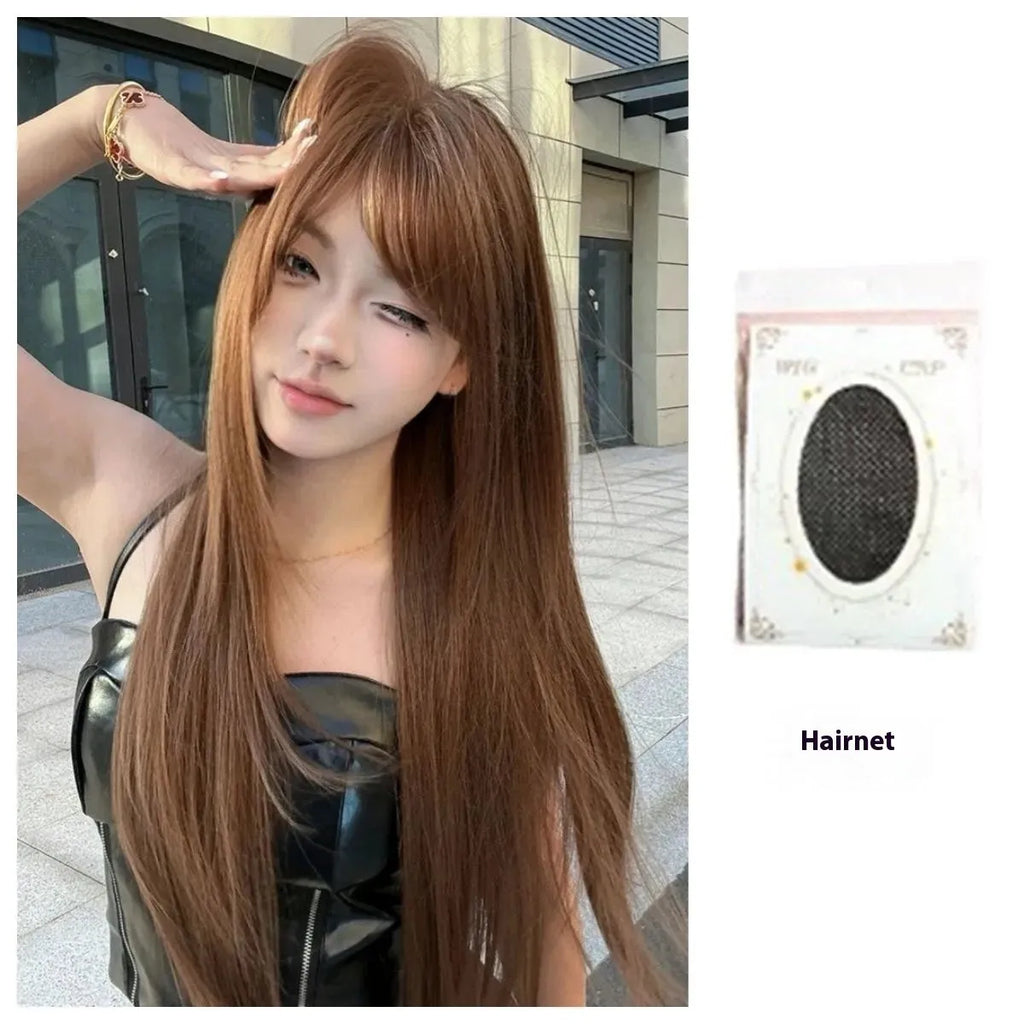 Warm brown long straight synthetic wig with full fringe bangs made from high temperature fibre.