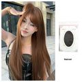 Warm brown long straight synthetic wig with full fringe bangs made from high temperature fibre.