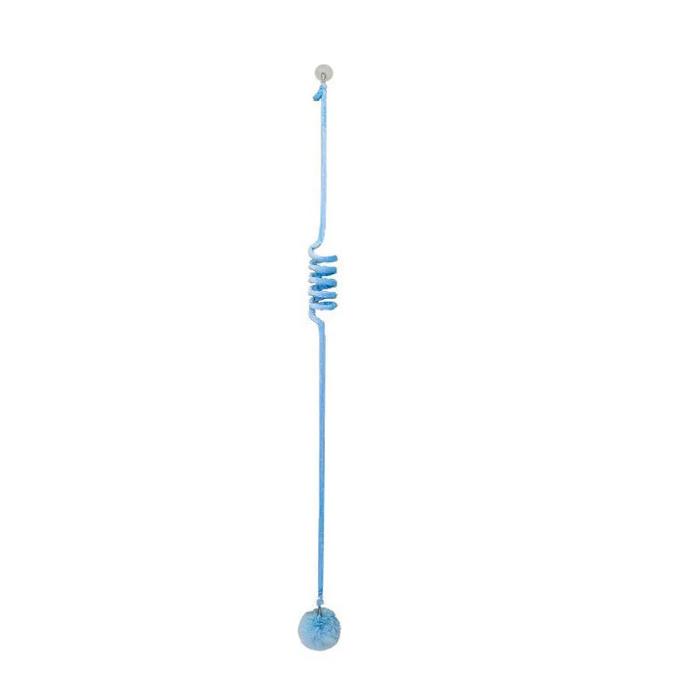 Blue inflatable ball on a spring attached to a plastic handle with suction cup, a cat toy for kittens