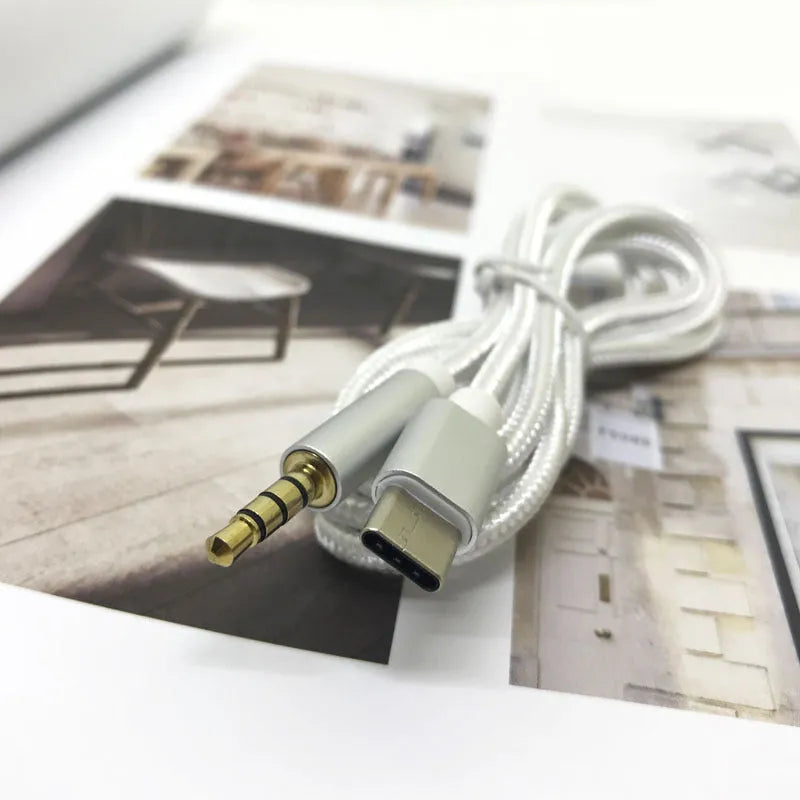 Type-C to 3.5mm braided AUX audio cable in four colours: Black, Gold, Pink, White